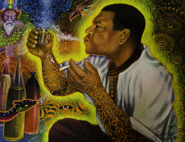 Acryic on canvas painting of Ayahuasquero Ronald Rivera Cachique by artist Felix Pinchi, Pucallpa, Peru
