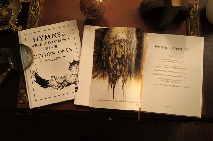 Cover and interior from Hymns & Wretched Offerings. Artwork by Jim Pavelec and Paul Komoda
