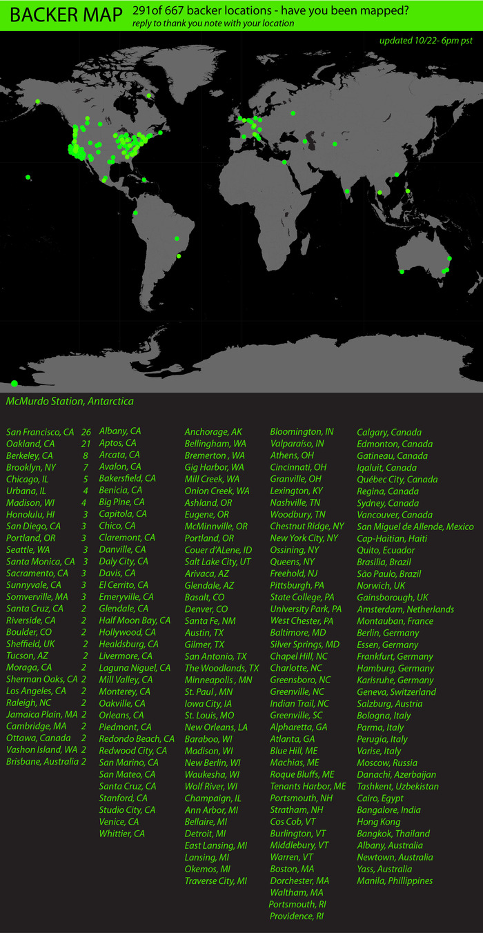 Today's Backer Map. Report your location and see your green light appear on the next business day!