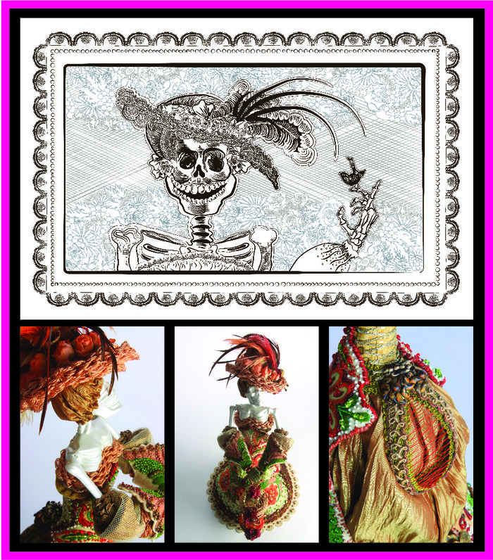 The original black & white illustration that many of the project rewards are created from. Also, 3 details of "DULCE CAUTIVERIO", inspiration piece for the illustration.