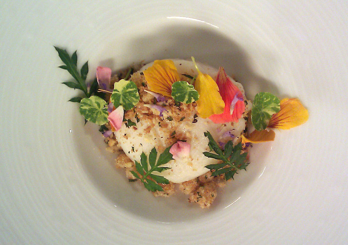 Seared Diver scallop with preserved lemon gremolata.