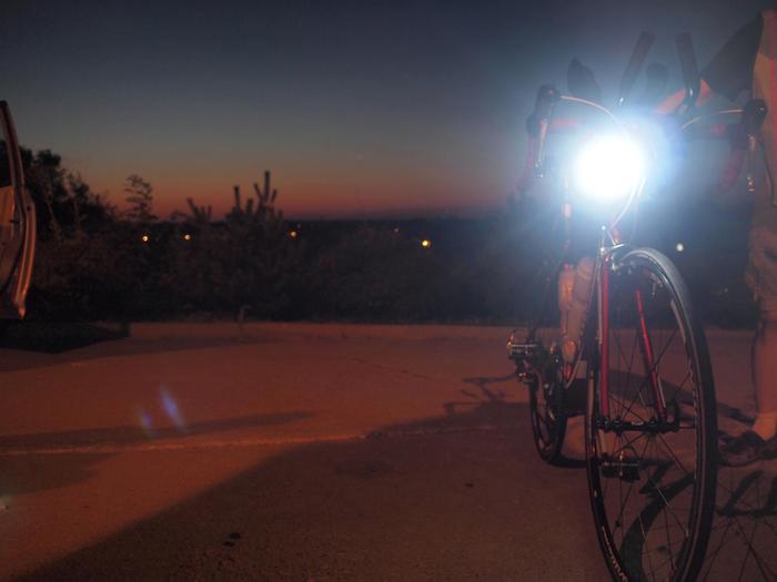 "I have a feeling we're not in Kansas anymore", as Joan Deitchman's Race Across America bike is prepped after entering Missouri for another 12 hour overnight of nonstop riding, and nonstop lighting.