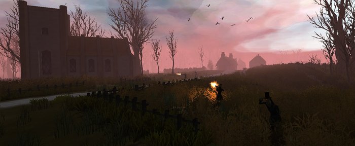 Hunters stalk the player through crop fields.