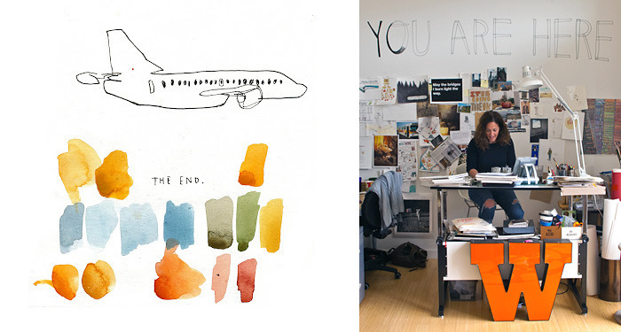 "The End" by Wendy MacNaughton, and Wendy at work in her studio.