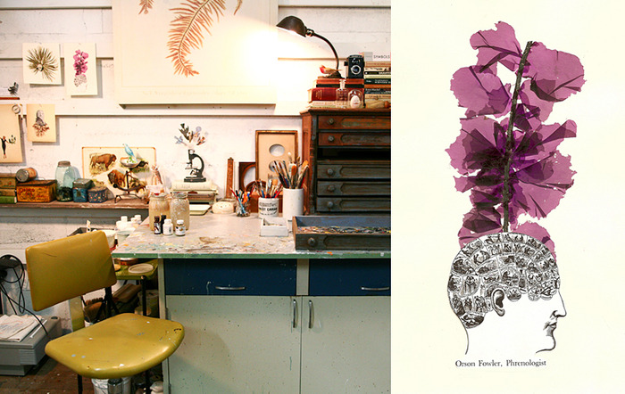 Alison's studio and here collage “Orson Fowler, phrenologist”