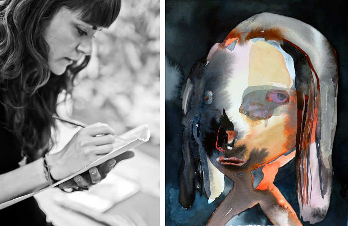 Maja at work and her watercolor "Blue Girl".