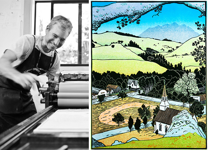 Tom at work on the press and his woodcut print of the Nicasio valley.