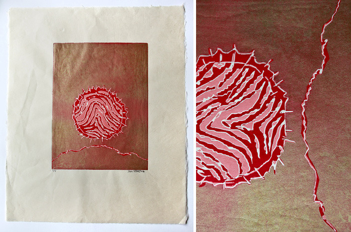 Jill's woodcut print and a detail view of it.