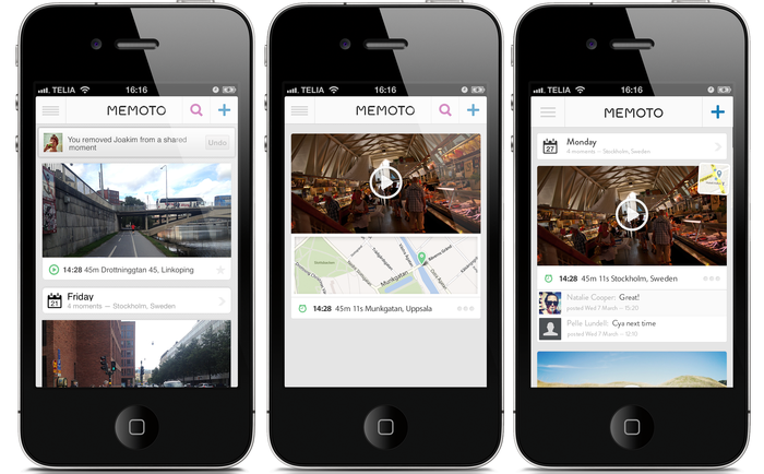 Concept images of the iPhone app. (Photos taken with a iPhone4S). From left: Timeline view with notifications, Map display, Social timeline view