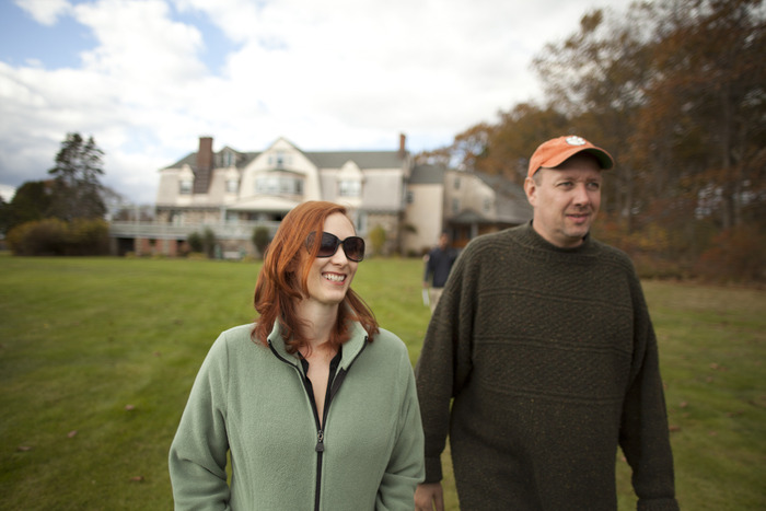 Dir Nichols and leading lady Diana stroll the grounds