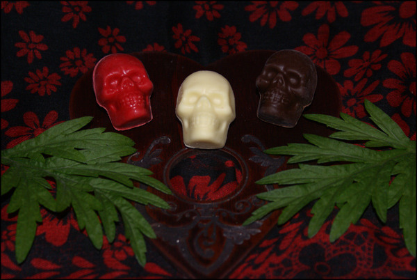 $65 Reward Tier: Talismanic Artisanal Dark/Red/White Chocolate Skulls Infused With Homemade Mugwort Oil and Organic Rose Essence, plus digital downloads and a set of postcards. (Photo: M.S. leDespencer)