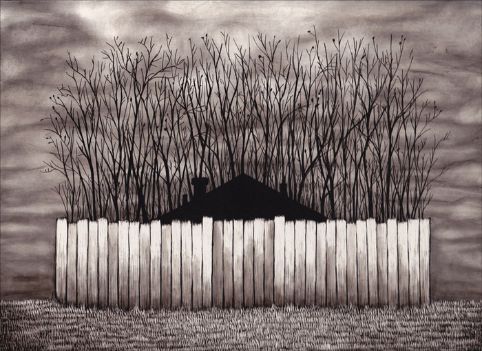 "Neighbor" by Ben Catmull. We're psyched that an indie comics legend is providing us with this illustration for the "Half Sick of Shadows" sheet music, and one of the postcards in our set.