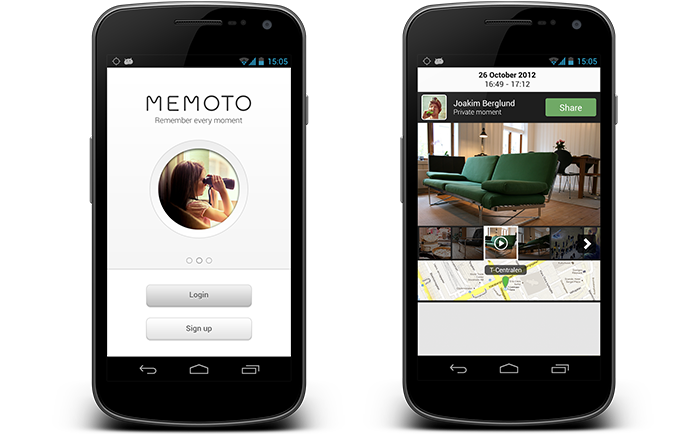 Concept images of the Android app. Left: Login screen. Right: Moment view in private mode.