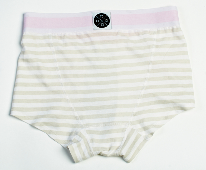 Grey and white shorty with pink waistband.