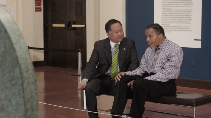 Director Ty Kim and Muhammad Ali on set during a recent documentary about Native American culture and art.