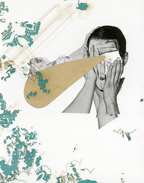 "Gold Digger" by Julie Berkbuegler, 2012, magazine, laser cutter, fingernail polish, spray paint 14x17