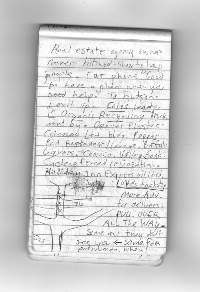 This page from a road-worn pocket journal will be reproduced in the book, along with a few others.
