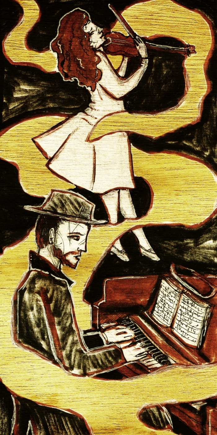 An enchanting, one-of-a-kind portrait of Meredith Yayanos and Dan Cantrell of The Parlour Trick summoning the spirit world with song. Painted by San Francisco-based artist Trista Musco on a 12"x36", 1" thick wood panel.