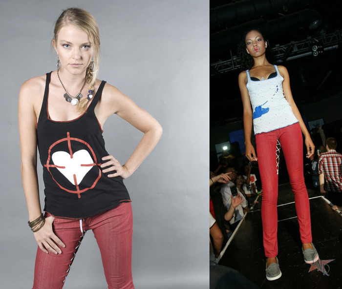 Heart Scope Tank (colors:red,purple,white,black) // Heart Blaster Tank (colors:green stripe,black/gray stripe,blue stars on white) sizes:XS-XL // Laced Skinny Jeans, Men's/Women's (colors:red,gray,blue,white,black) sizes:22-34