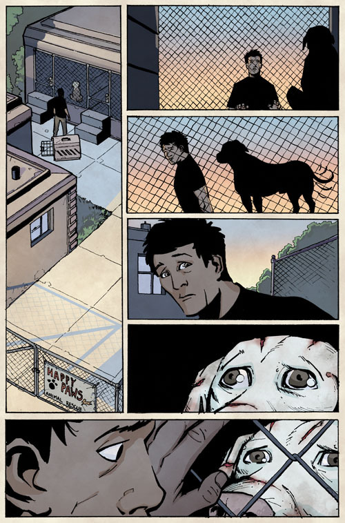 From Issue 1 (unlettered): Damon shares a moment with a rescued fighting dog
