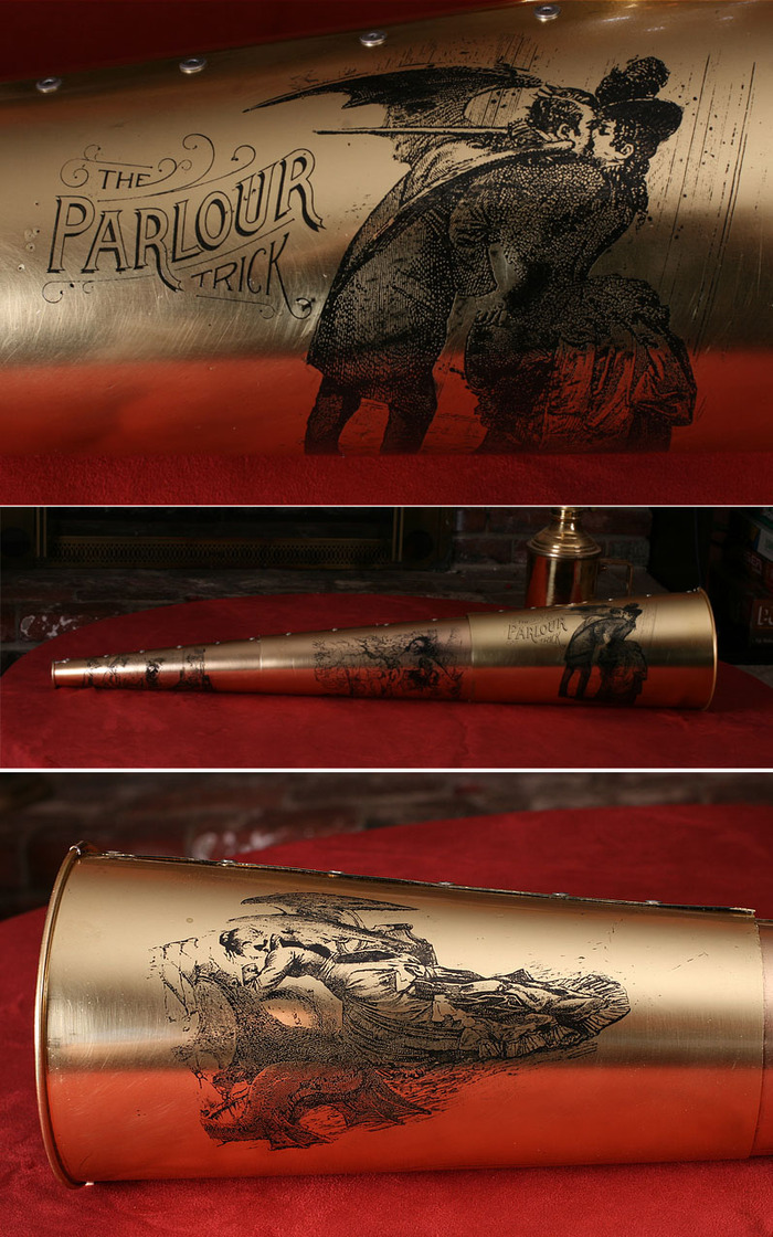 THE SPIRIT TRUMPET: Limited edition, acid-etched, painstakingly hand-wrought brass trumpet by Jake Von Slatt of the Steampunk Workshop, featuring panels from Max Ernst's "Une semaine de bonté".