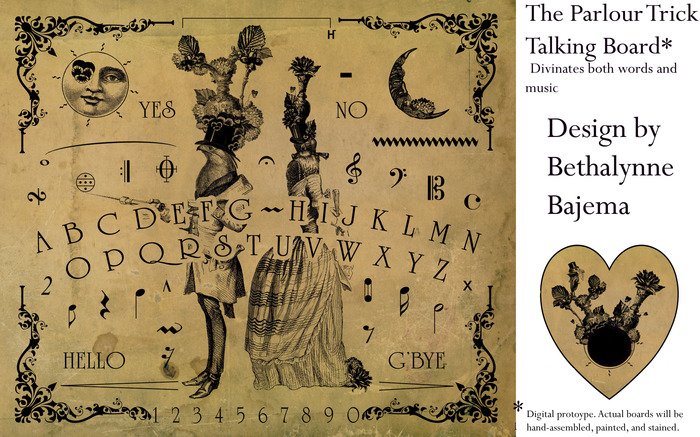 THE OUIJA reward tier: Limited edition, hand-painted, felt-backed, pressed wood laser-cut tabletop talking board and planchette. "Divinate" both words and music with this whimsical, original design by Bethalynne Bajema.