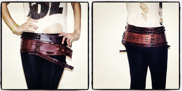 THE MOTHER OF LONDON: A stunning, multi-faceted, one-of-a-kind brown Mother of London "Three-Belt", custom made by world-acclaimed fashion designer Mildred Von expressly for this Kickstarter. Soft, pliable mixed kidskin with mixed metal fixtures and studs