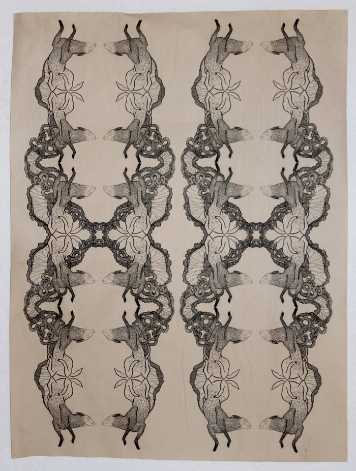 "Unfolding with sheep" by Alida Bevirt, inkjet print on stained paper, approx 18 x 30, Unframed