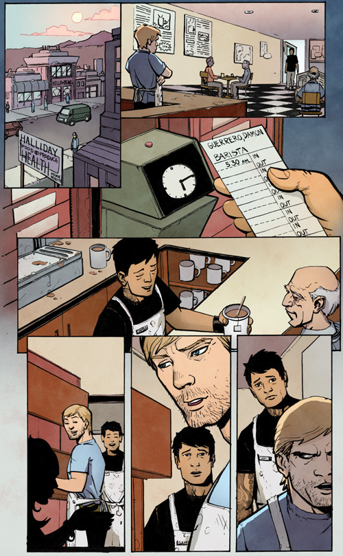 From Issue 1 (unlettered): Damon's harassed by a workplace bully.