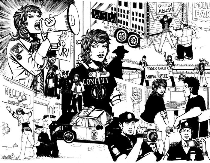 From Issue 1, double page spread (uncolored/unlettered) : Jeanette operating in the aboveground movement
