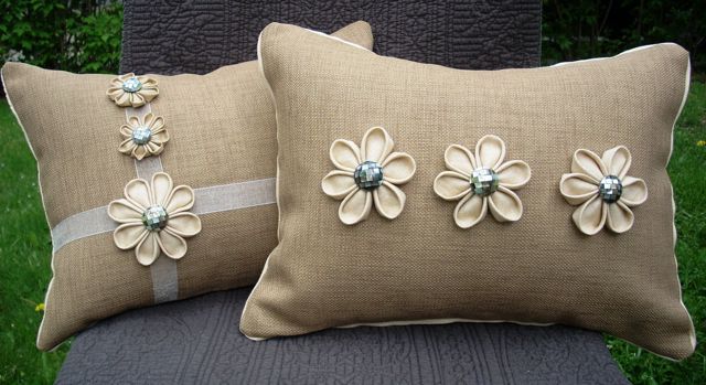 Denisse DiGiorgio hand-crafted neutral linen pillow with shell buttons & sculpted flowers (12 X 16).