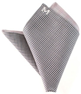 Margo Petitti super 120's reversible wool pocket square in a dark purple and white check with a light pink plaid on reverse side (10" by 10")