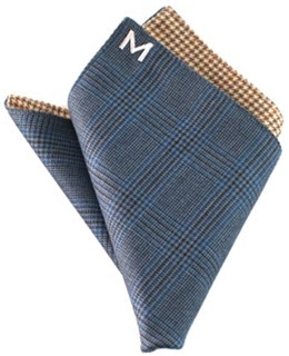 Margo Petitti super 120's reversible wool pocket square in a royal blue glen plaid with yellow, green, and brown houndstooth check on reverse side (10" by 10")