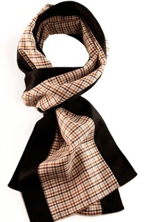 Margo Petitti super 150's brown and white check wool scarf edged in black doeskin finish cashmere (9.5" by 70"- style name "Buck")