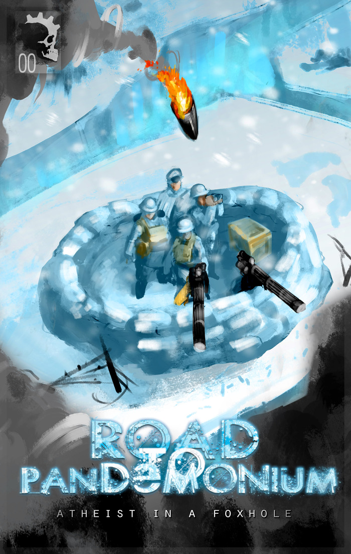 Cover art for Issue #0, "Atheist in a Foxhole." Artwork by Eugene Huang and Daniel Dassault