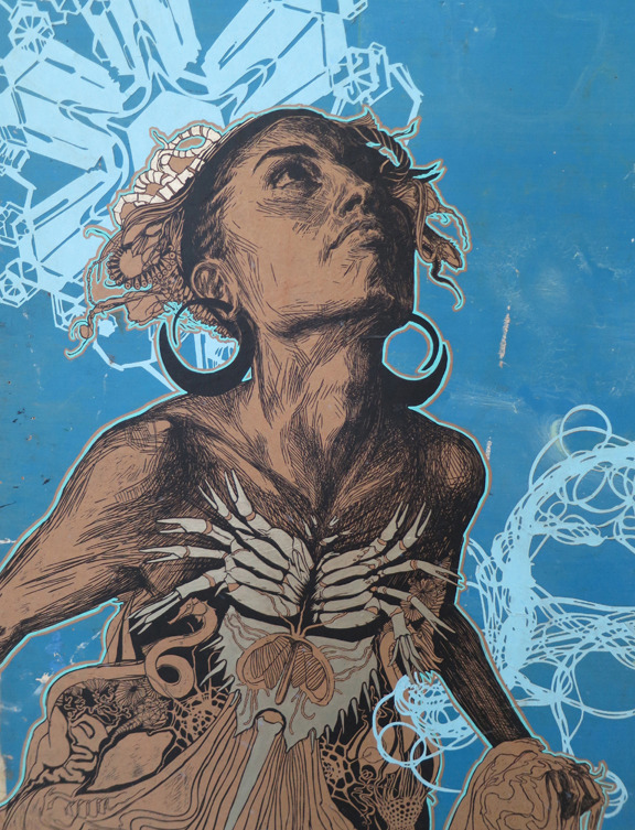 "Thalassa" silk screen on found wood with hand painting and paper cut layers, by Swoon