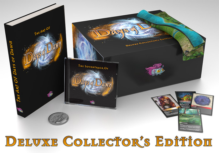 The Deiuxe Collector's Edition comes limited to 100 copies with a beautiful cloth map, an embossed Days of Dawn coin, the original Days of Dawn cardgame and much, much more (see right)