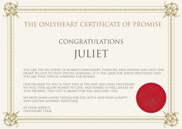 OnlyHeart Certificate of Promise