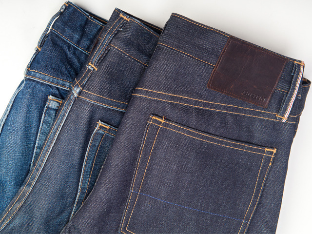 GUSTIN denim at three stages of wear - 1.5 years, 6 months, brand new