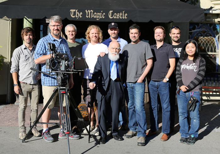 James Randi, Directors Justin & Tyler, and crew outside the Magic Castle.