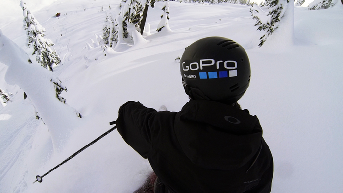 Abe Kislevitz testing the camera mount in deep powder.