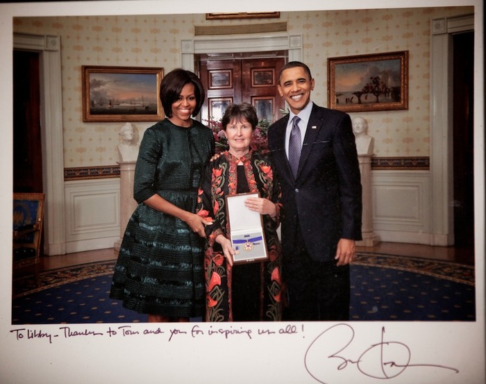 Libby Little receiving the Medal of Freedom by Michelle and Barack Obama