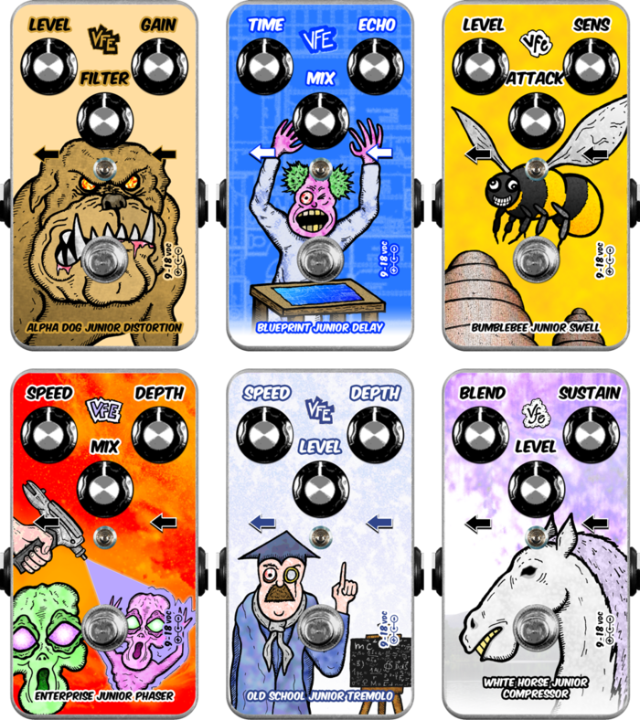 Mockups of what the graphics will look like on the pedals. The knobs & hardware are from an actual photo, but the graphic has been edited in.
