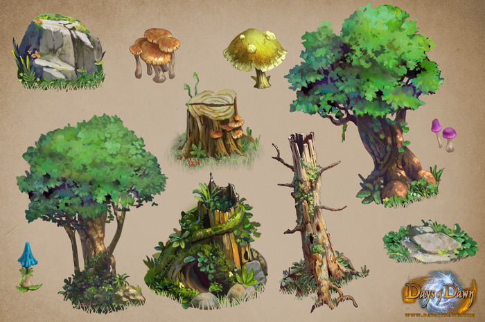 A few examples of the beautifully handpainted scenery assets of Days of Dawn