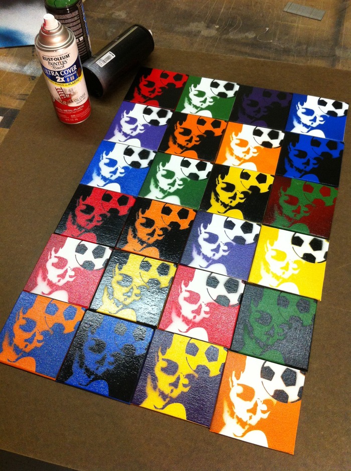 "Skull Header" spray-painting. Any set of 4 squares for $40 pledge, or one 4" x 4" square for just $11 pledge.