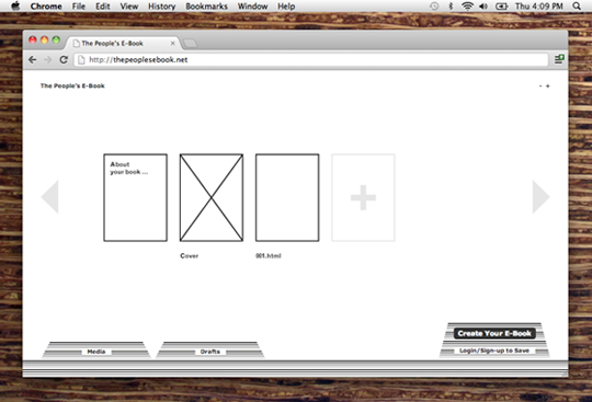 Create an e-book in minutes, not hours — The People's E-Book requires only a bare minimum of content to output an e-book, while still encouraging advanced programming and creative hacking.