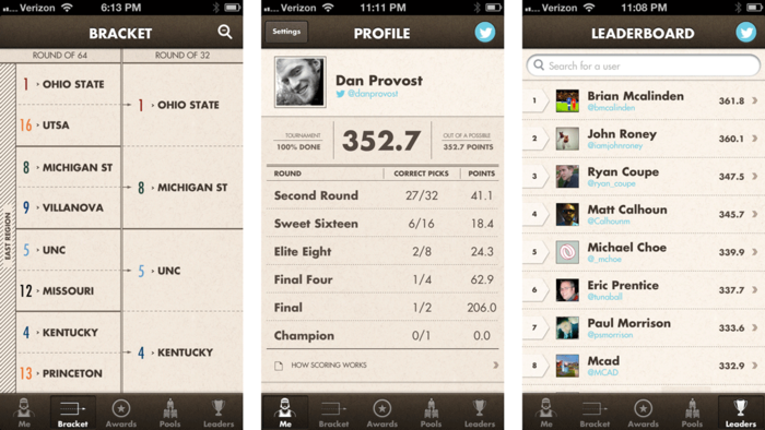 Screenshots of the Bracket, Profile, and Leaderboard screens.