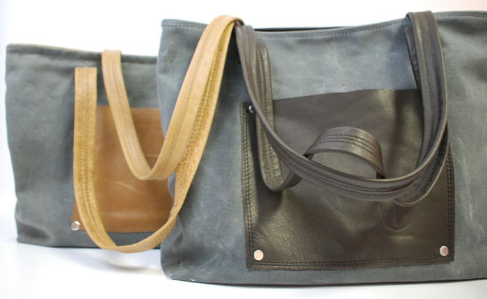 Waxed Canvas Totes, you pick canvas and leather trim. Bags shown are made with Charcoal Canvas and Walnut Leather (front) and Honey Leather (rear.) Retail Price $160