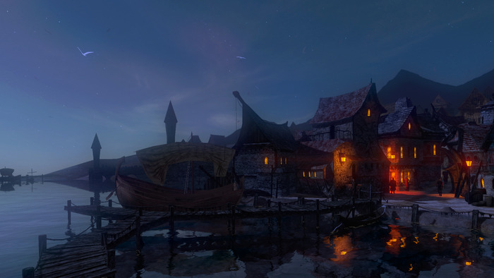 Sunset in Shady Quay (real-time, in-game screenshot from Dreamfall Chapters)