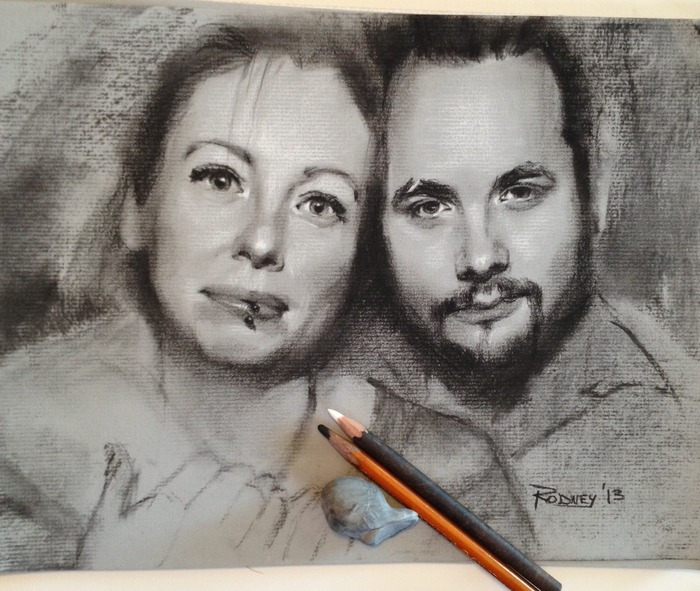"Caz and Ian" 9x12in sketch, black and white charcoal on toned paper